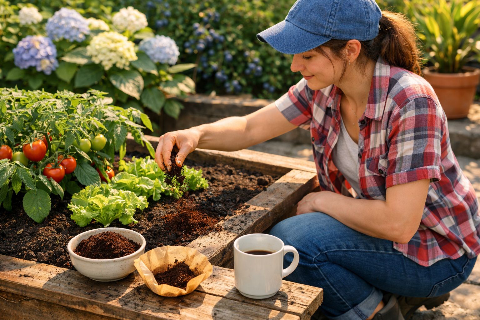 Mulher plantando hortaliças em canteiro com tomates, copo e terra em um jardim ensolarado.