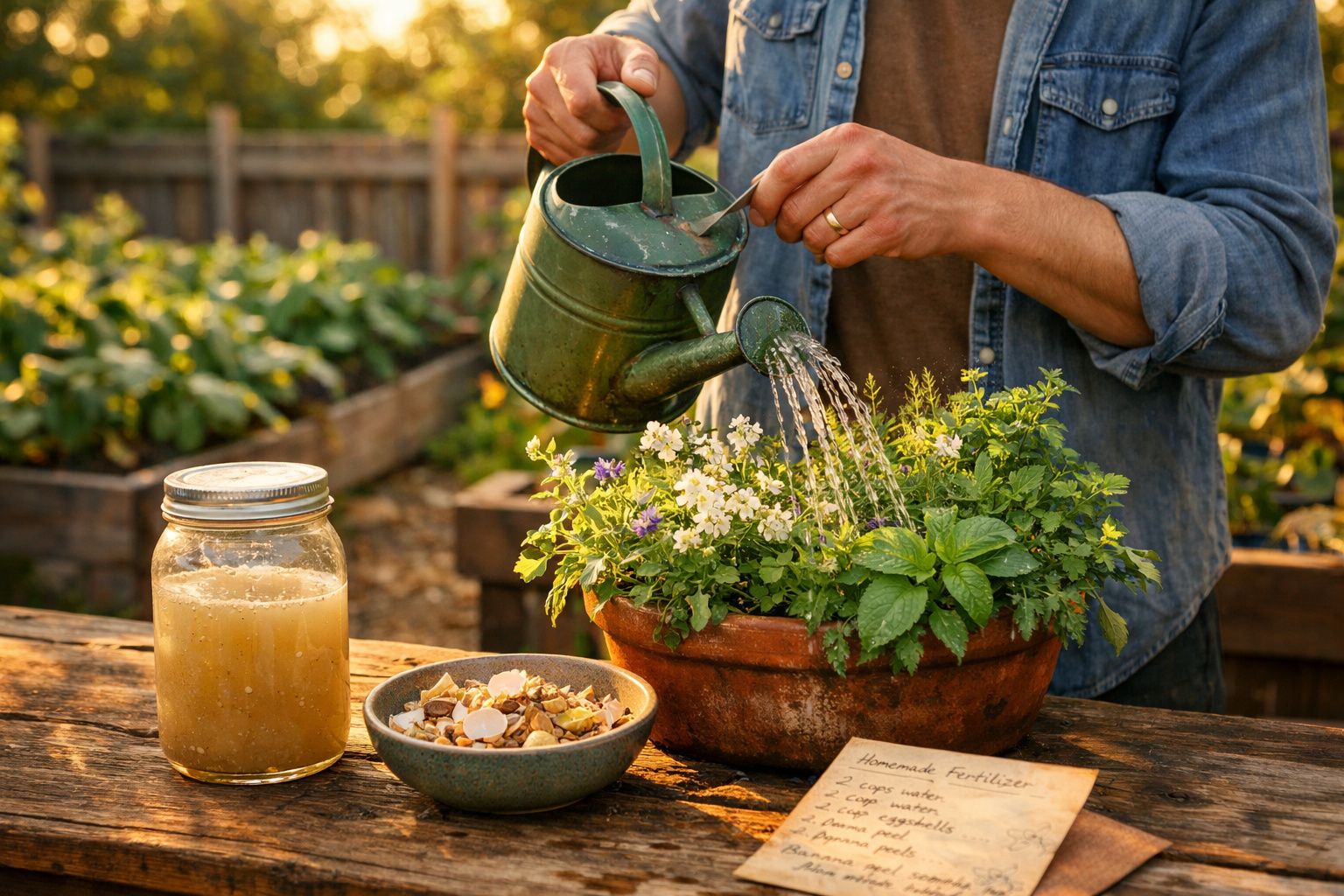Pessoa regando plantas em vaso de cerâmica com regador verde em jardim ao ar livre.