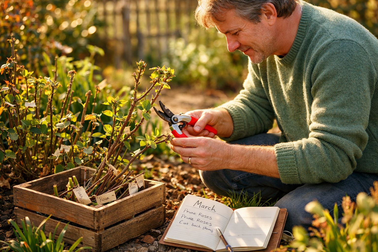 Homem podando galhos de plantas em caixa de madeira, sentado no jardim com caderno aberto ao lado.