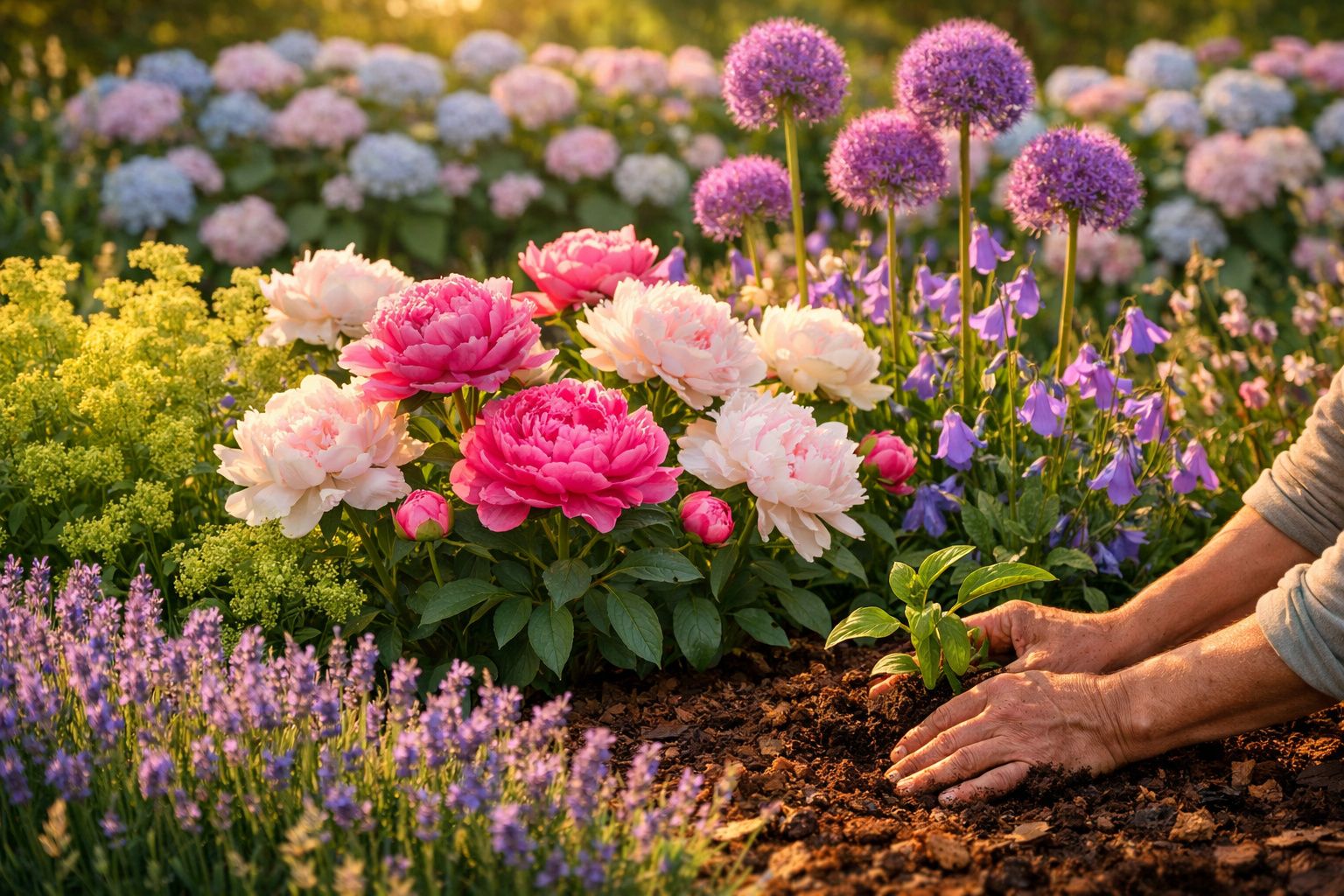 Jardim florido com várias flores coloridas e mãos plantando muda na terra.