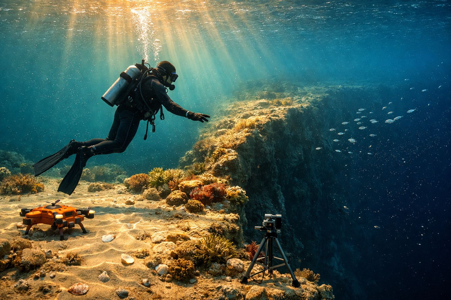 Mergulhador com equipamento de respiração explora recife de corais com drone e câmera subaquática.