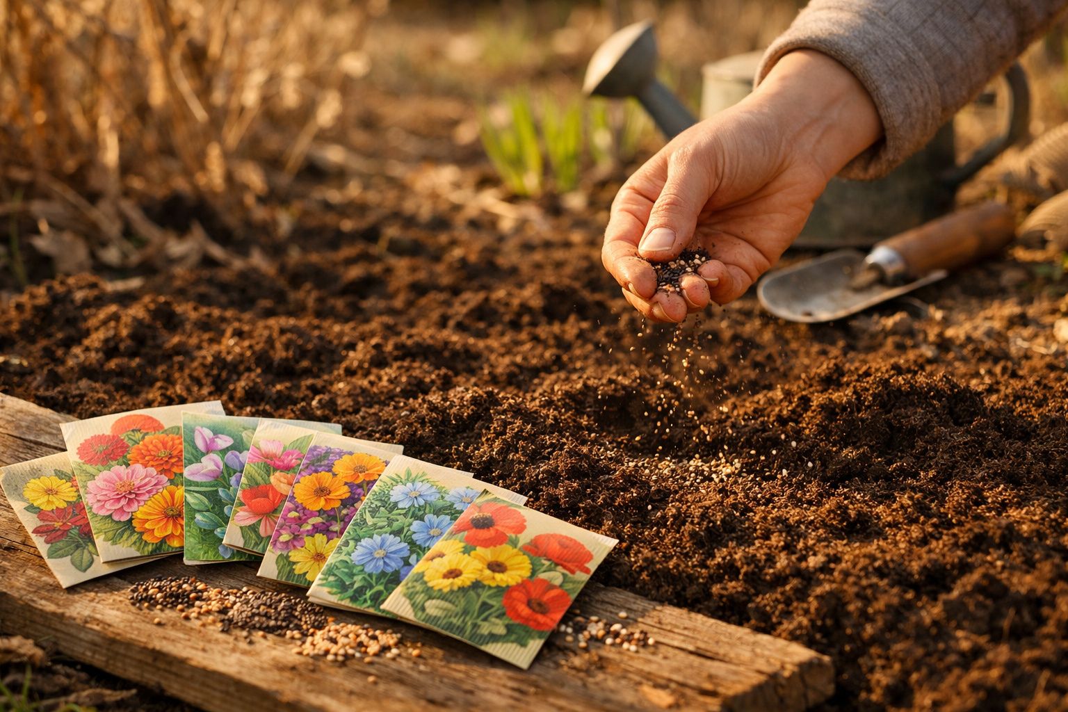 Mão semeando sementes em solo preparado, embalagens de sementes de flores ao lado, pá de jardim ao fundo.