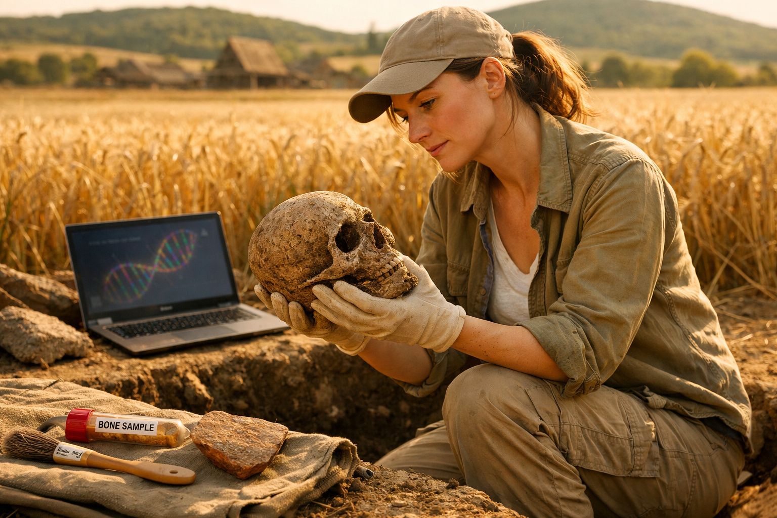 Mulher arqueóloga analisa crânio humano em escavação enquanto computador exibe sequência de DNA ao fundo.