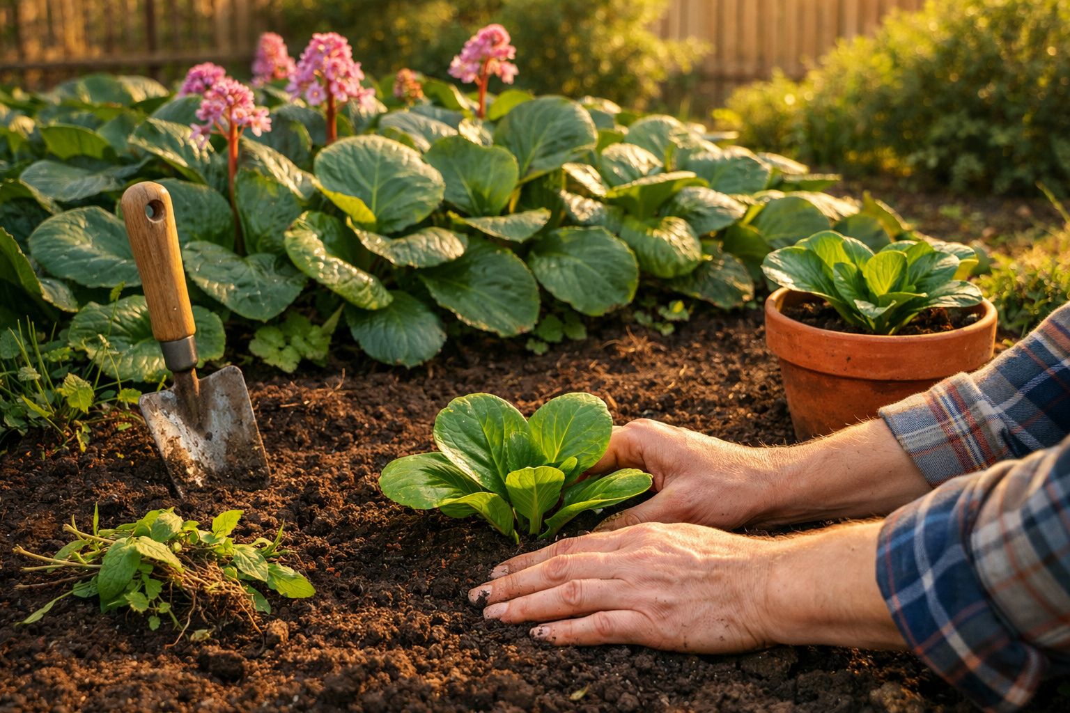 Pessoa plantando muda de hortaliça em solo preparado, com enxada e vaso de barro ao fundo.