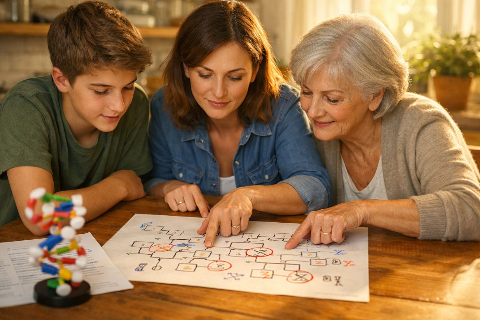 Três gerações de uma família analisando árvore genealógica desenhada em papel em mesa de madeira.