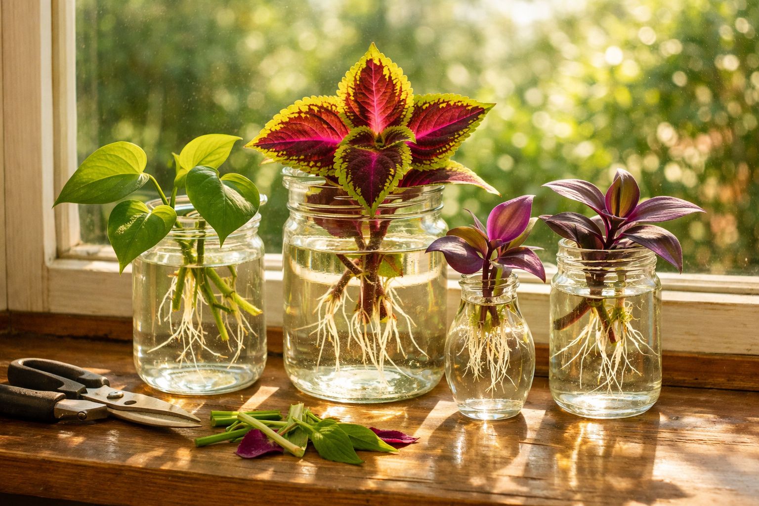 Vasos de vidro com plantas enraizadas em água sobre bancada iluminada pela luz natural.