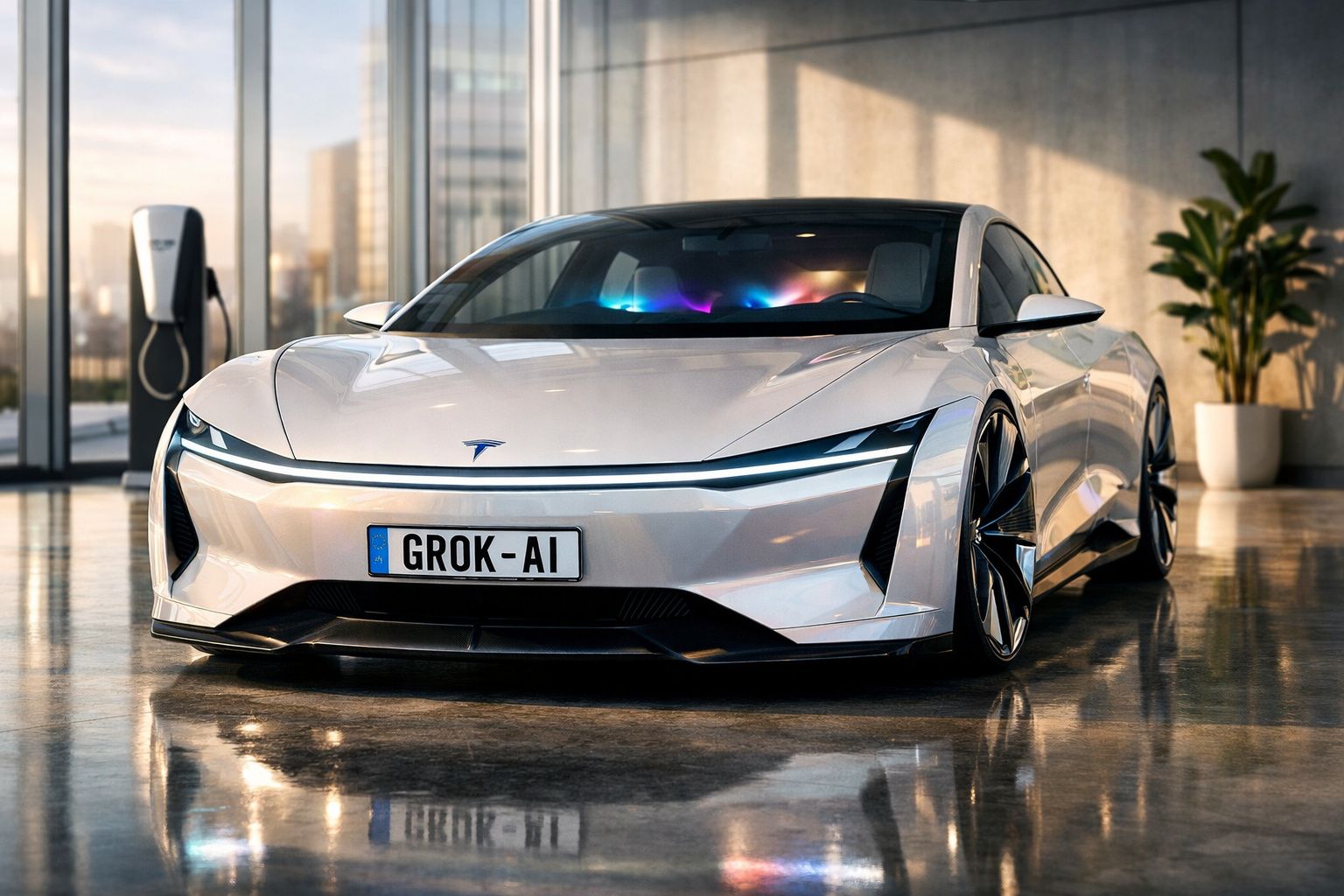 Carro elétrico branco futurista com placa "GROK-AI" estacionado em garagem moderna com estação de recarga.
