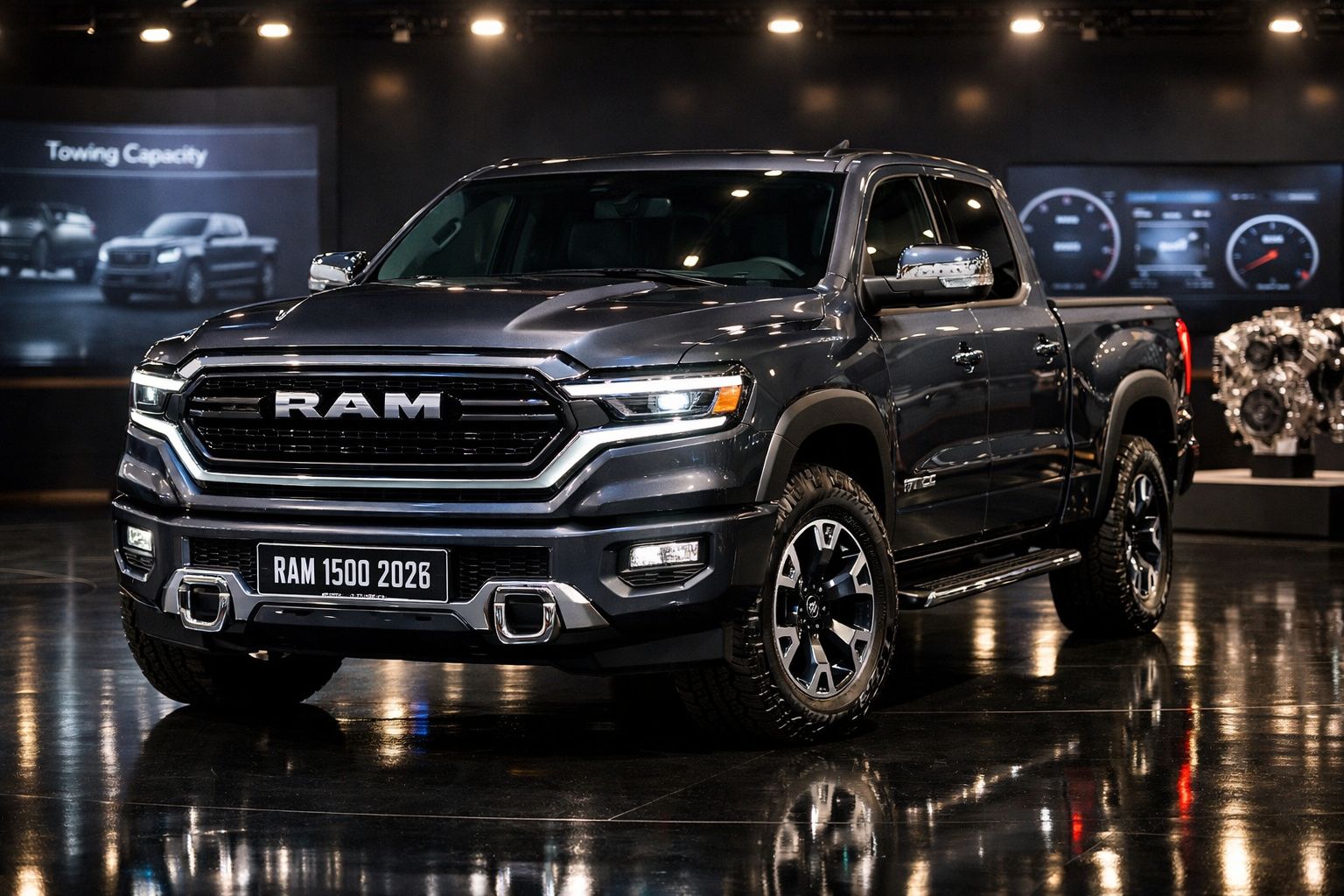 Picape RAM 1500 2026 cinza em showroom com iluminação refletida no chão iluminado.