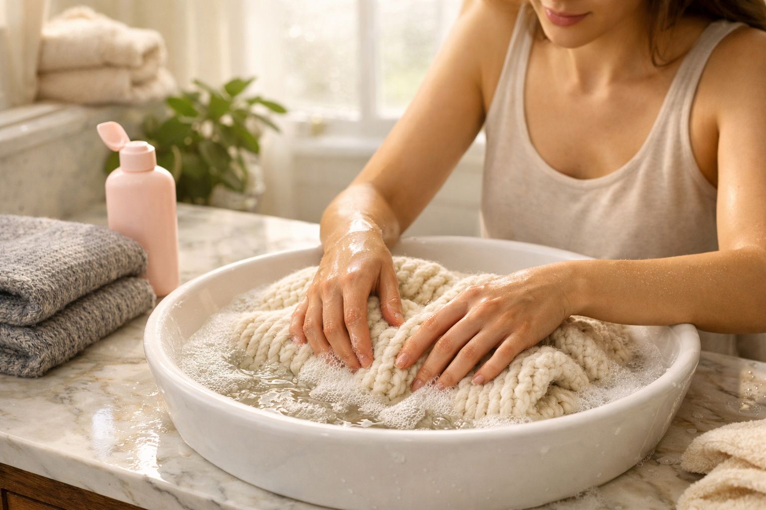 Pessoa lavando roupa de lã branca em bacia com água e sabão sobre bancada com toalhas ao lado.