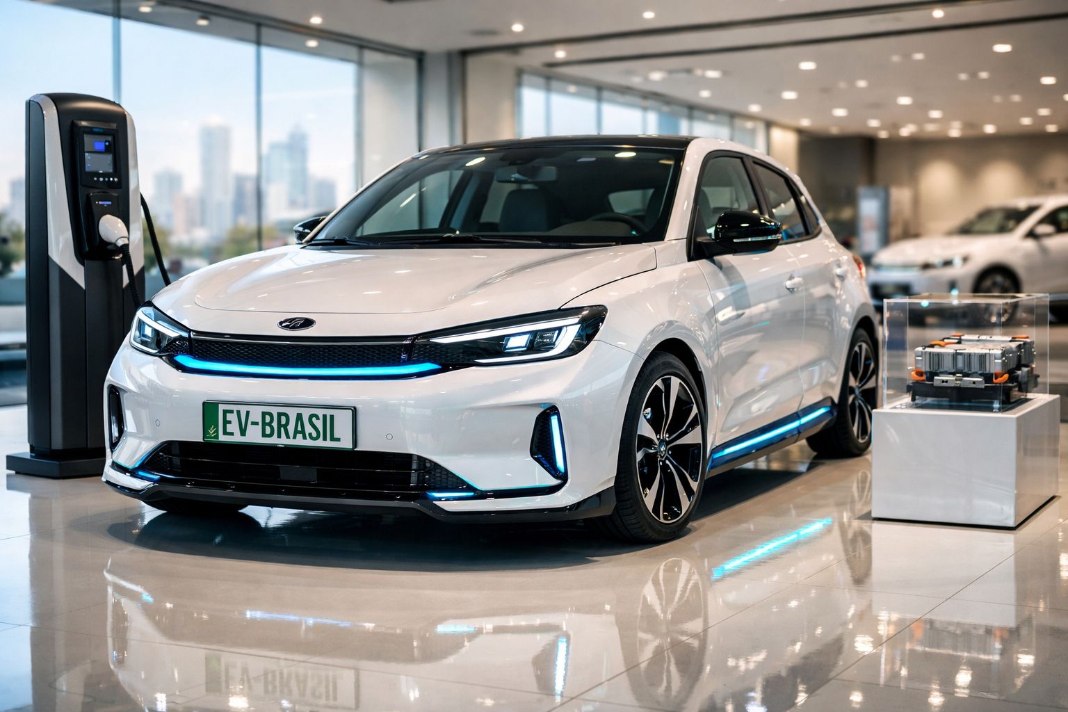 Carro elétrico branco estacionado em showroom com estação de recarga e bateria exposta.