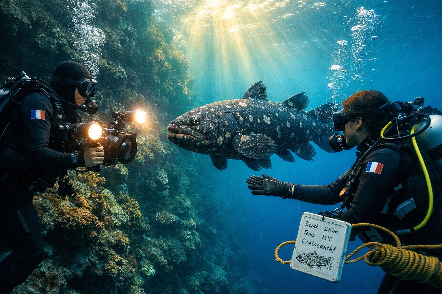 Dois mergulhadores com bandeiras da França fotografam um celacanto em recife subaquático.
