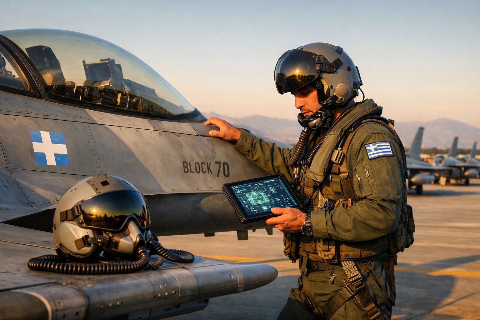 Piloto militar grego em uniforme e capacete inspeciona jato de combate Block 70 em pista ao pôr do sol.
