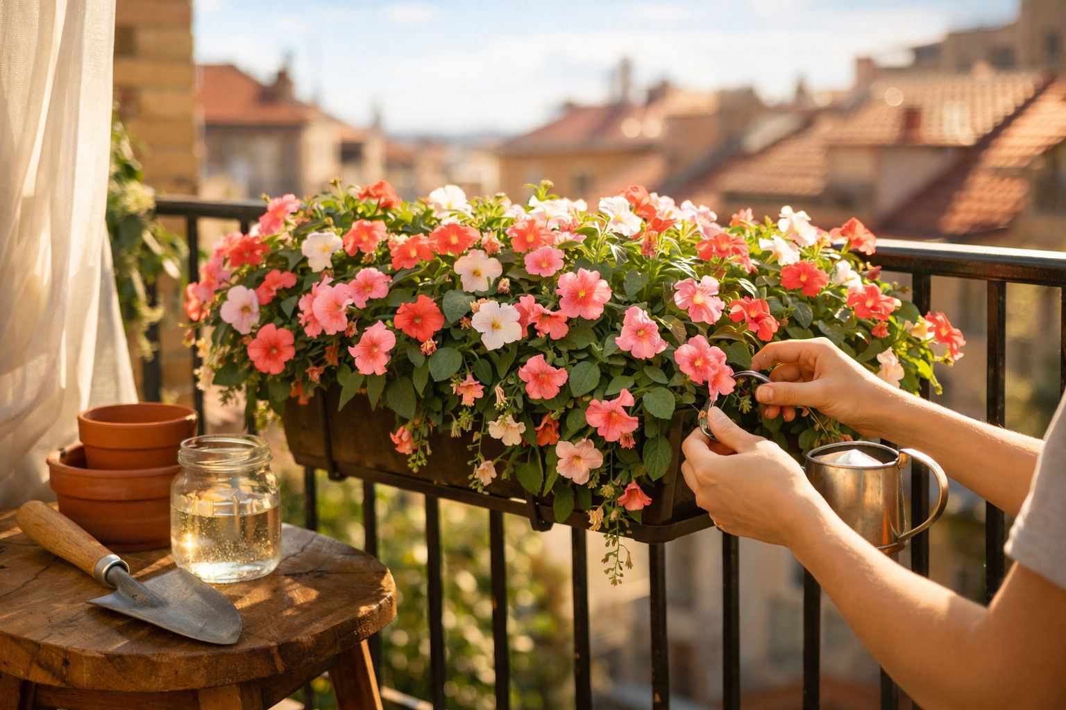 Mãos cuidando de flores coloridas em vasos pendurados na varanda, com regador e utensílios de jardinagem.