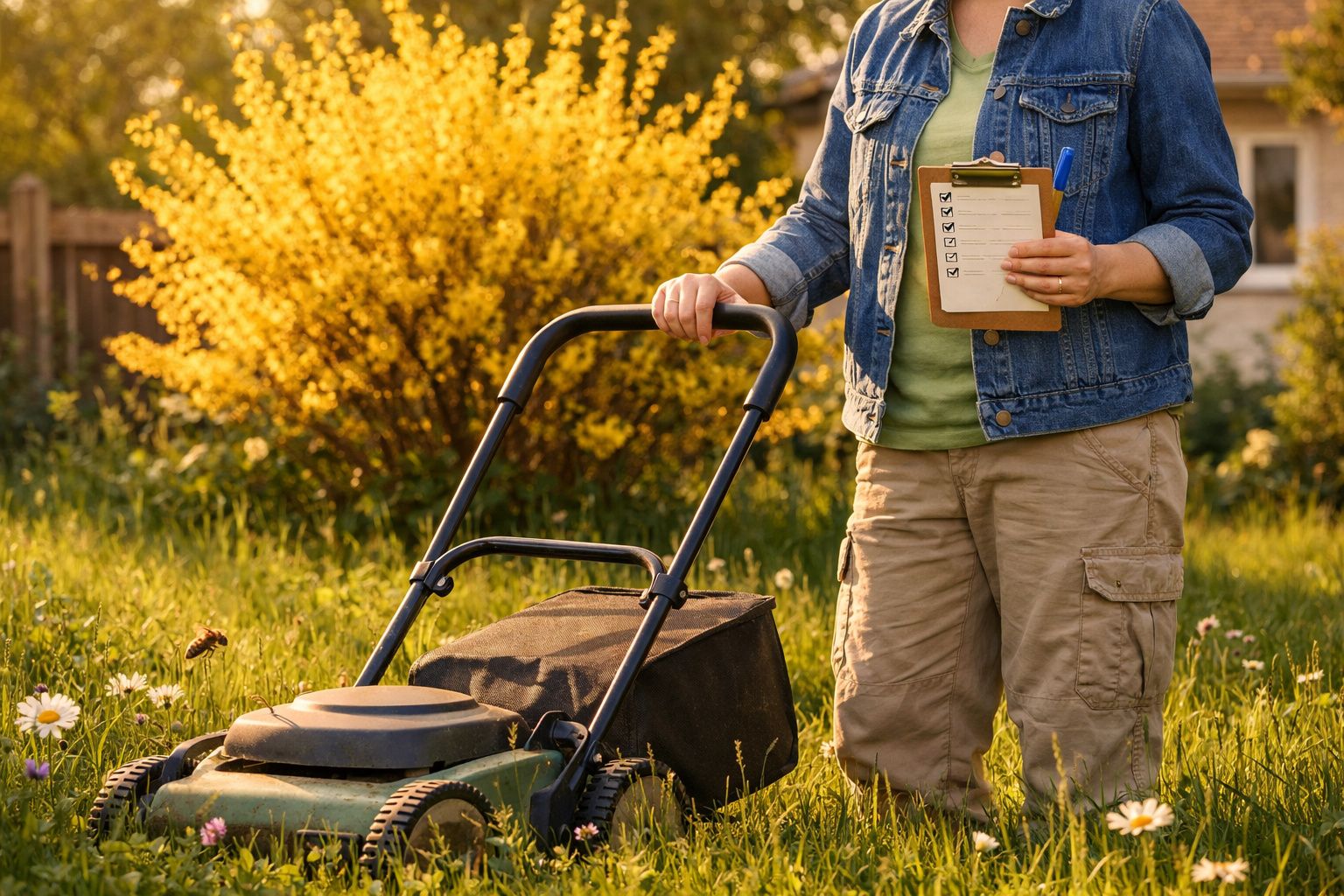 Pessoa segurando checklist ao lado de cortador de grama em jardim com flores e arbusto amarelo ao fundo.