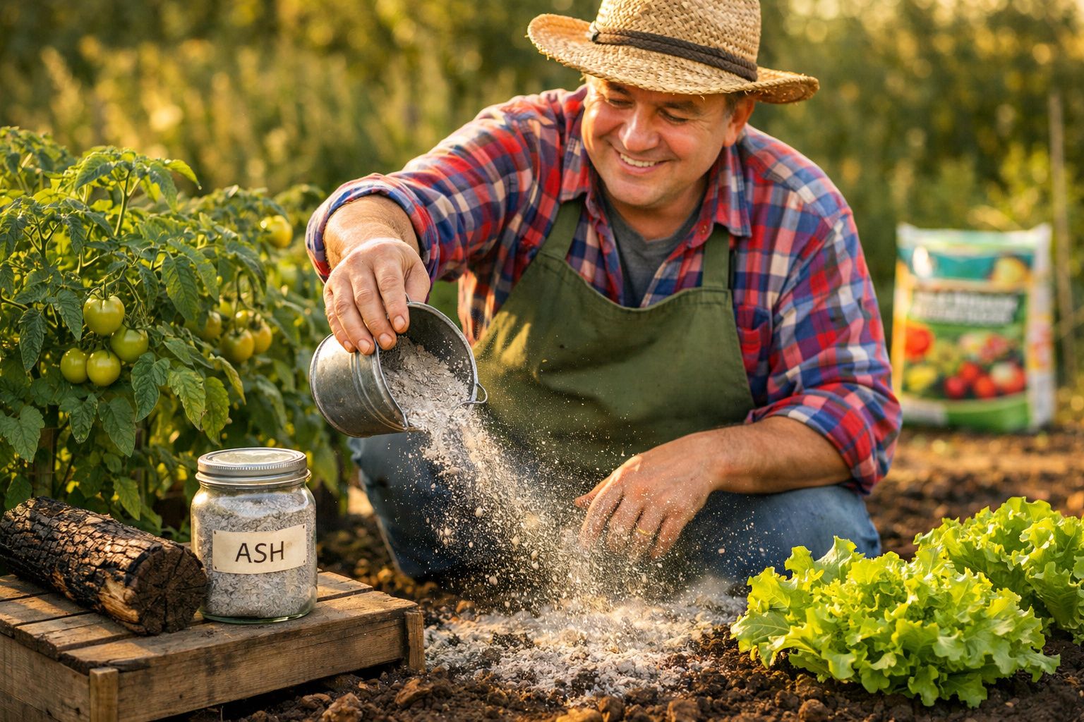 Homem sorridente fertilizando solo com cinzas ao ar livre em plantação de tomates e alface.