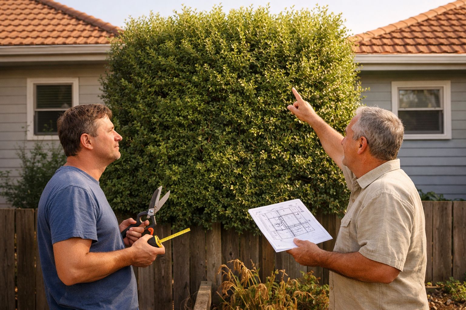 Dois homens conversam no jardim, um segura tesoura de poda e fita métrica, o outro aponta para árvore.