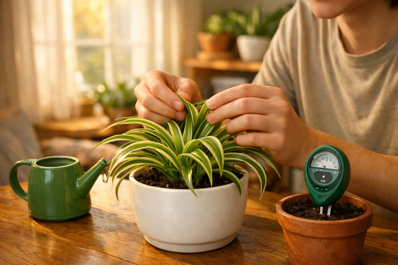 Pessoa cuidando de planta em vaso branco com regador verde e medidor de umidade em vaso ao lado.