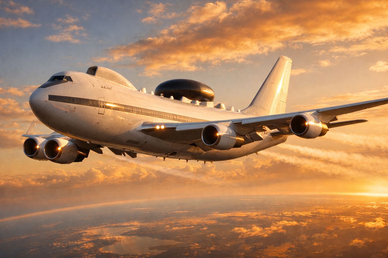 Avião de grande porte em voo sob céu com nuvens douradas ao pôr do sol.