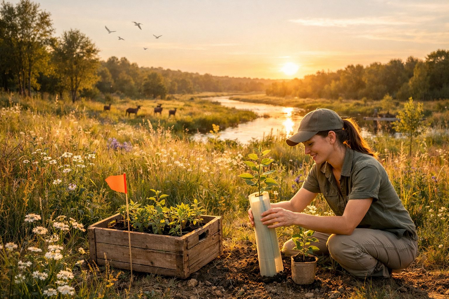 Mulher plantando muda em área natural ao entardecer, com rio e animais ao fundo.