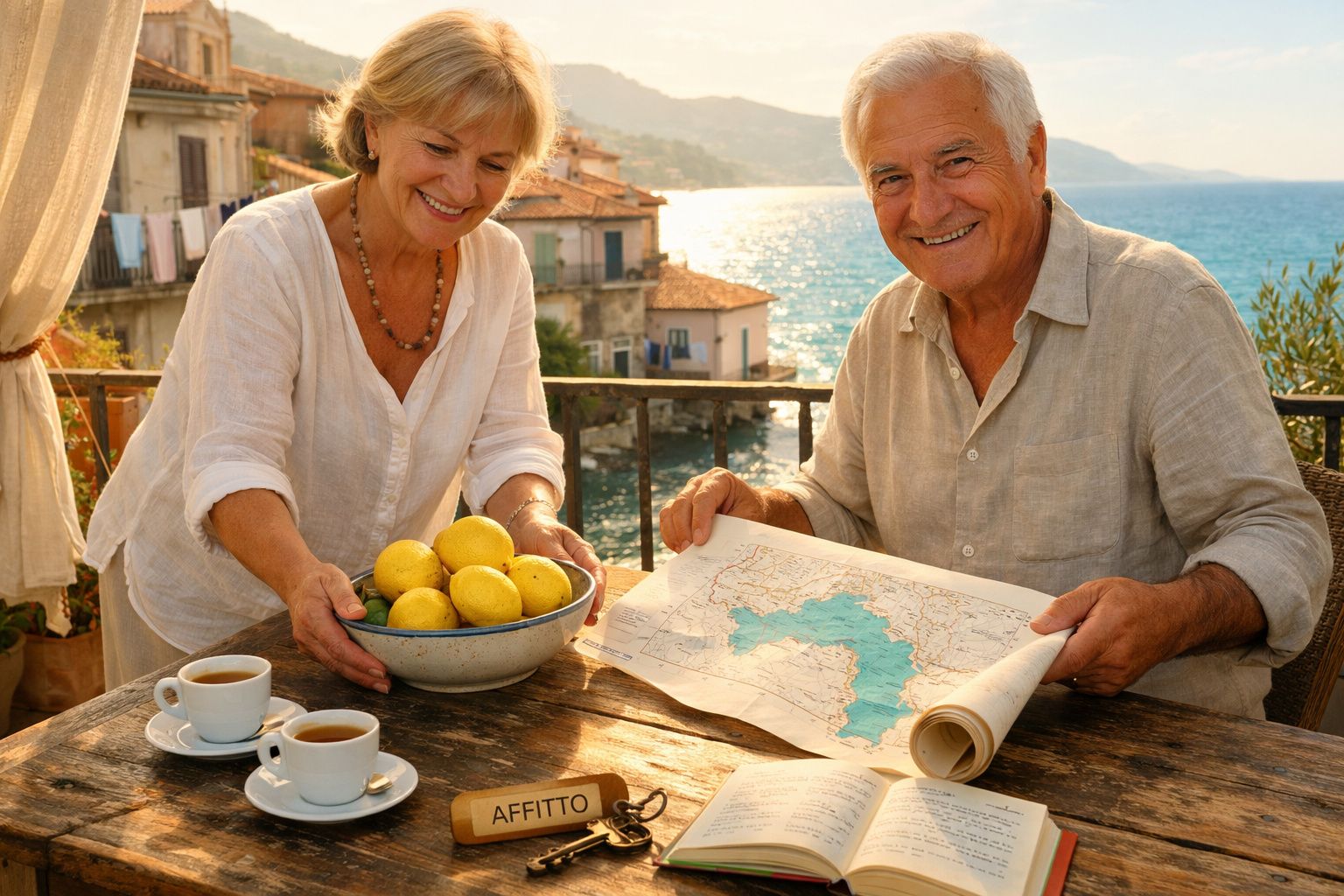 Casal idoso sorridente em varanda à beira-mar, com mapa, café e tigela de limões na mesa.