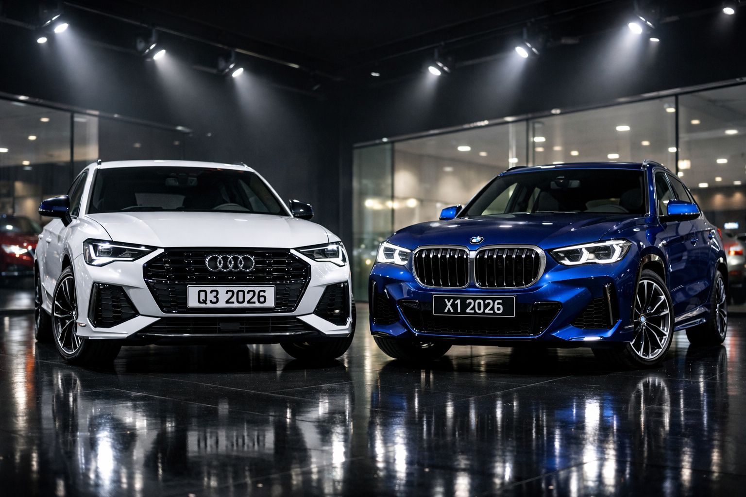 Carros Audi Q3 branco e BMW X1 azul exibidos lado a lado em salão com luzes refletindo no piso preto.