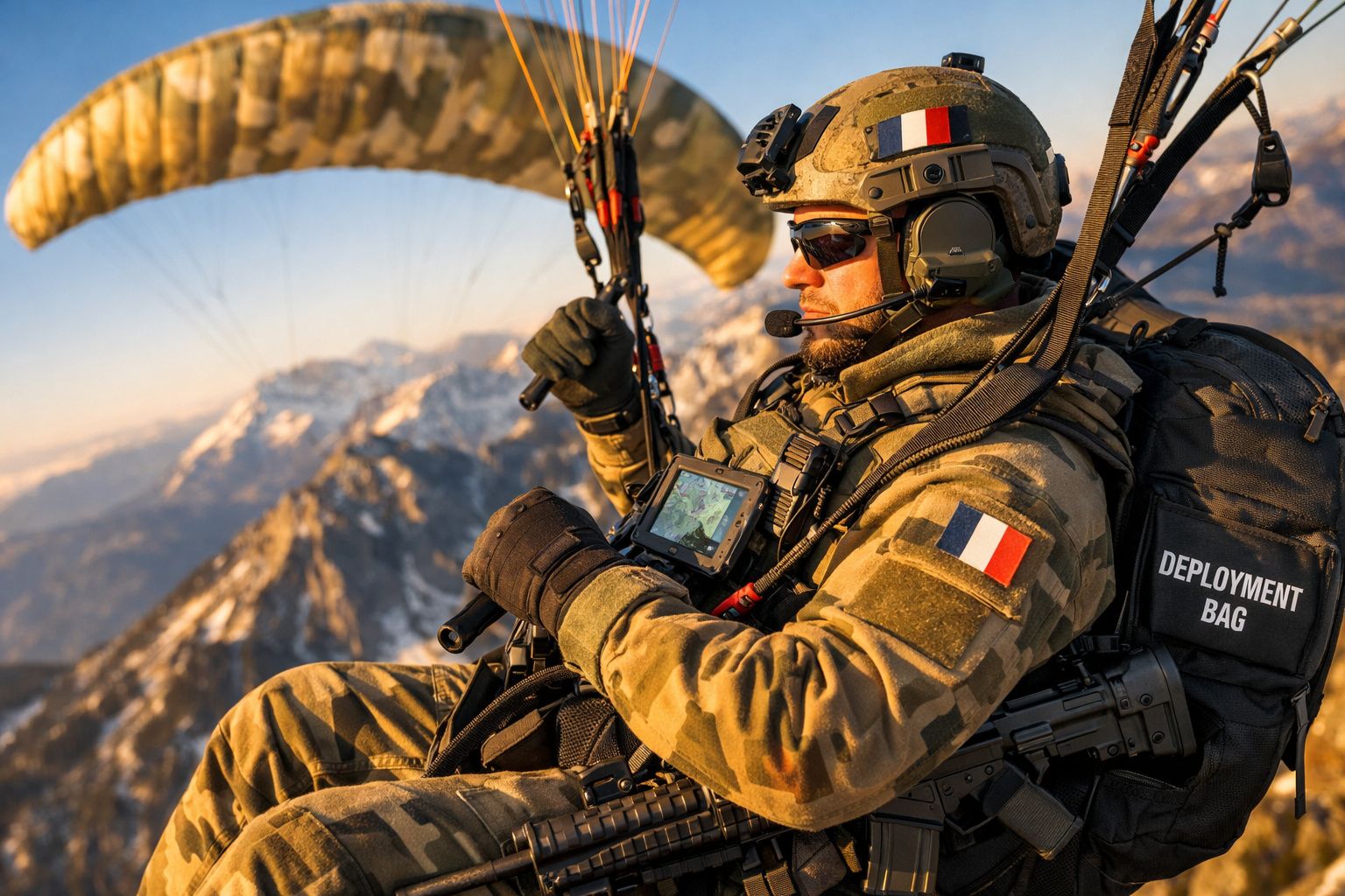 Soldado francês em voo de paraquedismo tático sobre montanhas durante o pôr do sol.