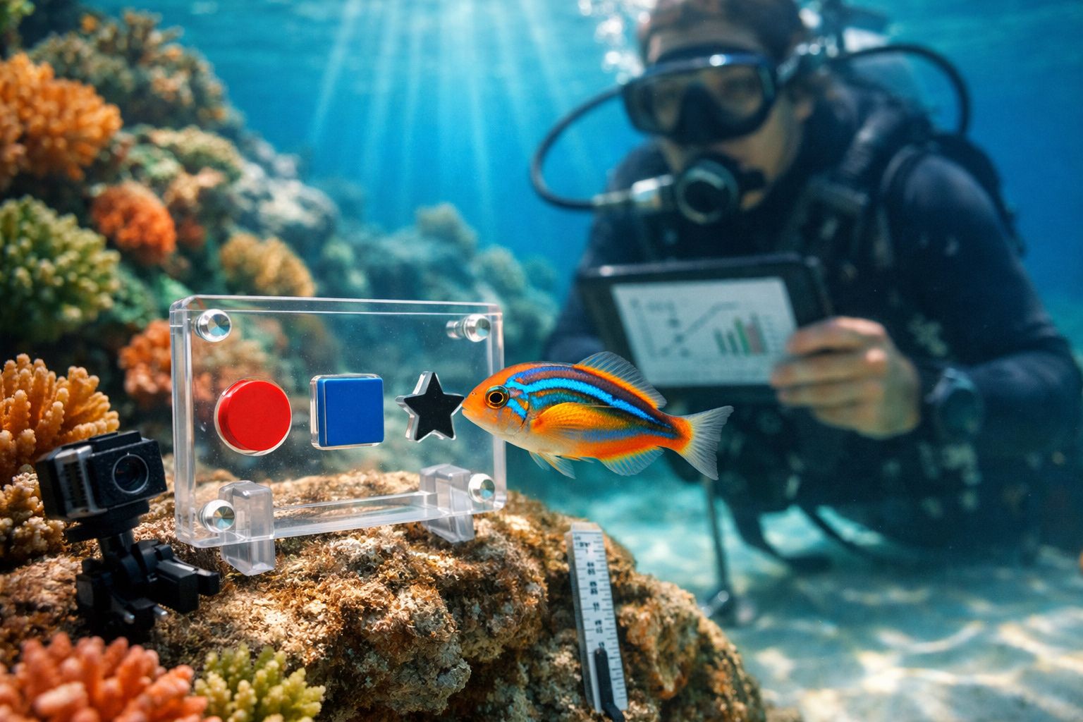 Mergulhador registra estudo de comportamento de peixe colorido diante de formas geométricas em coral subaquático.