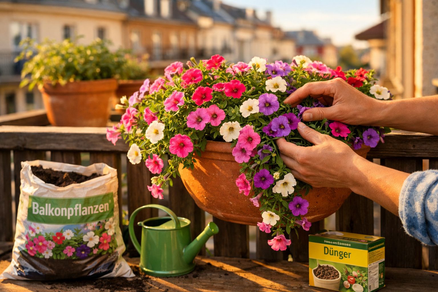 Mãos cuidando de flores coloridas em vaso na varanda com terra, regador e adubo ao redor.