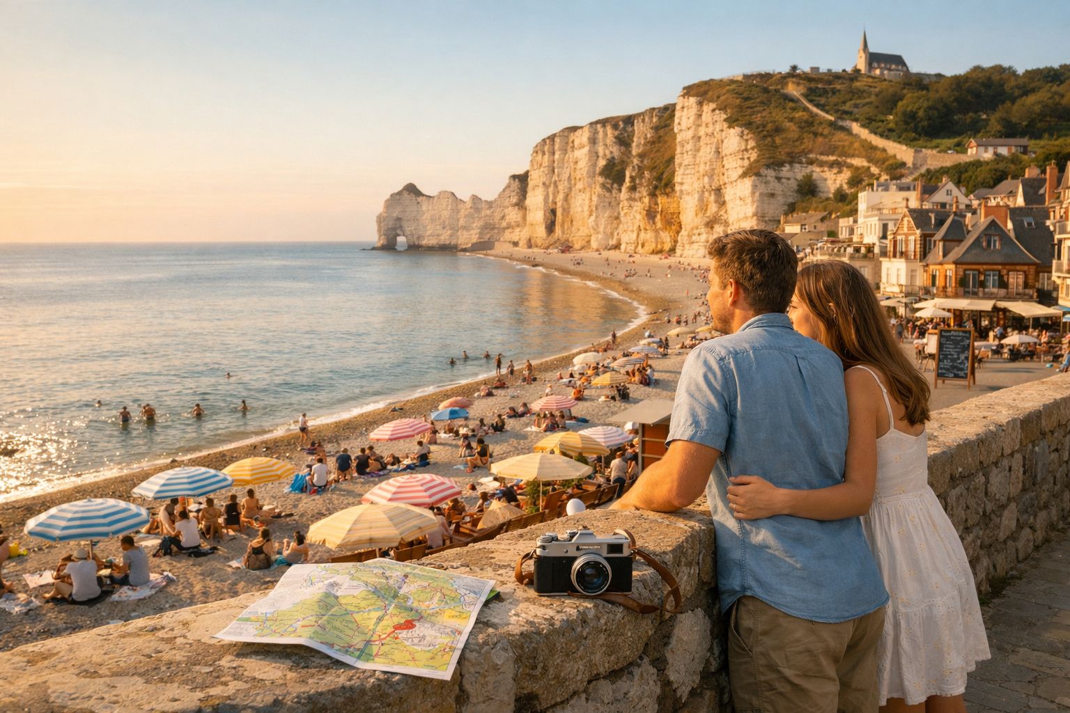 Casal abraçado observa praia movimentada com guarda-sóis coloridos e falésias ao pôr do sol.