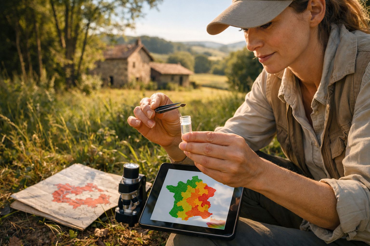Mulher usando boné analisa amostra com pinça, tablet com mapa colorido e microscopio em campo aberto.