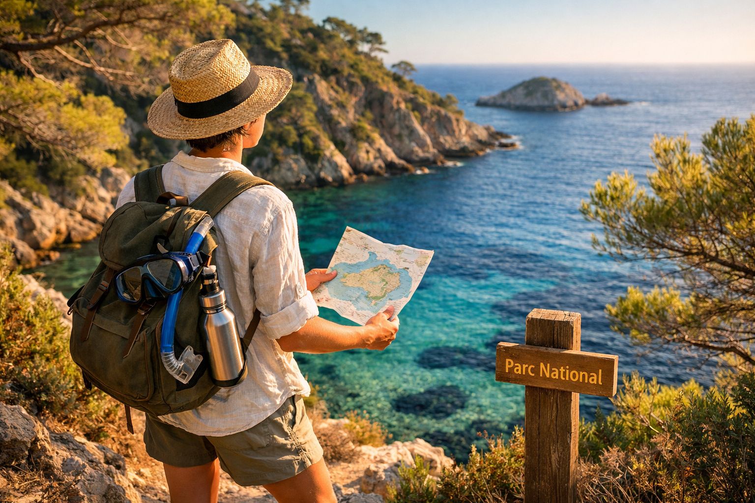 Pessoa com chapéu e mochila segurando mapa em trilha perto do mar em parque nacional.