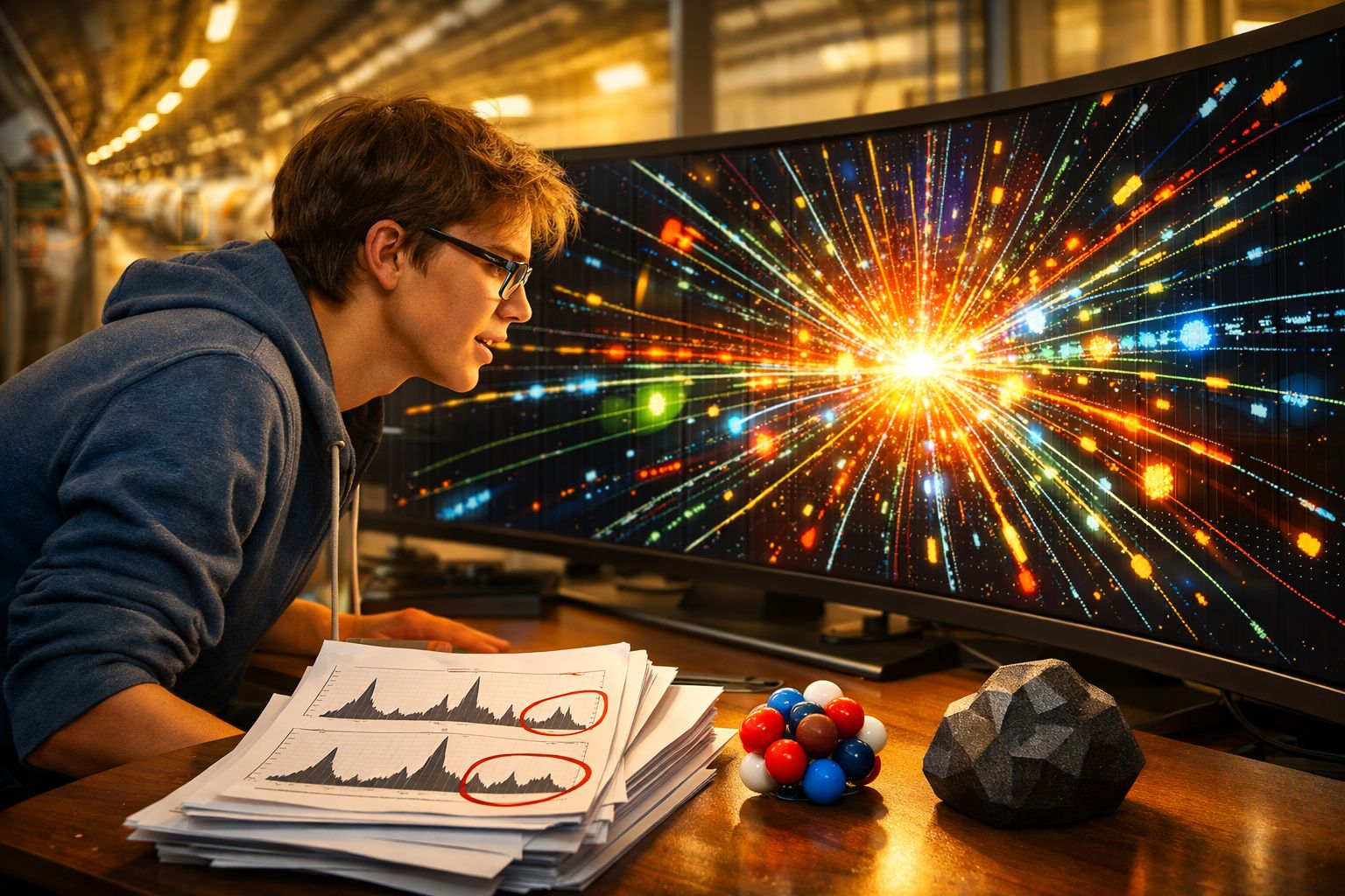 Jovem com óculos observa gráfico colorido em tela curva, com modelos moleculares e gráficos em papel à frente.