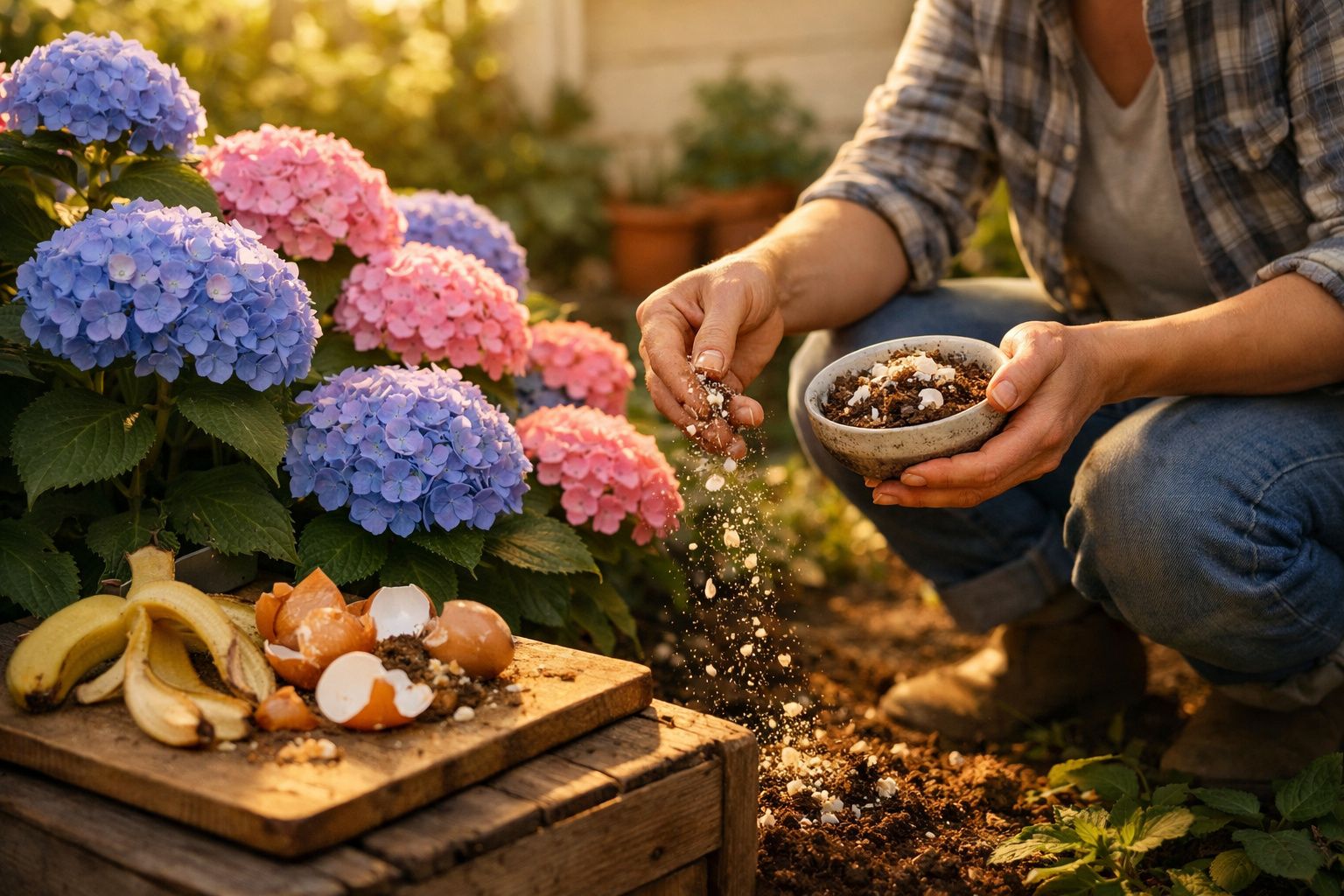 Pessoa aplicando composto orgânico em vaso de flores ao lado de hortênsias rosas e lilás em jardim.