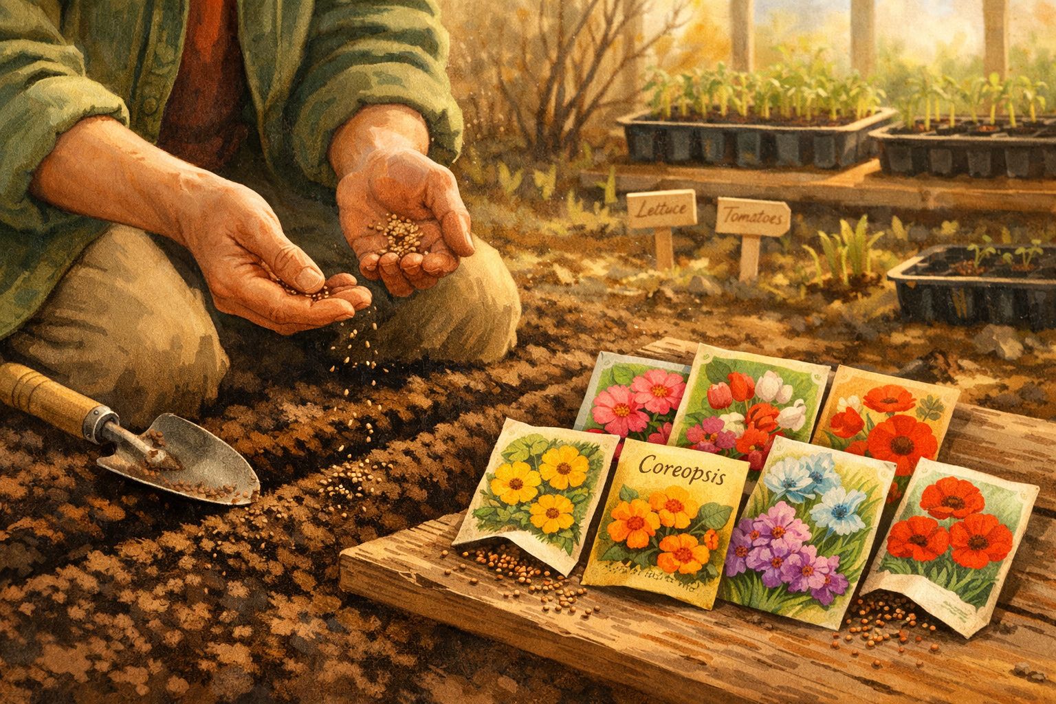 Pessoa plantando sementes em canteiro com pacotes de flores ao redor e mudas ao fundo.