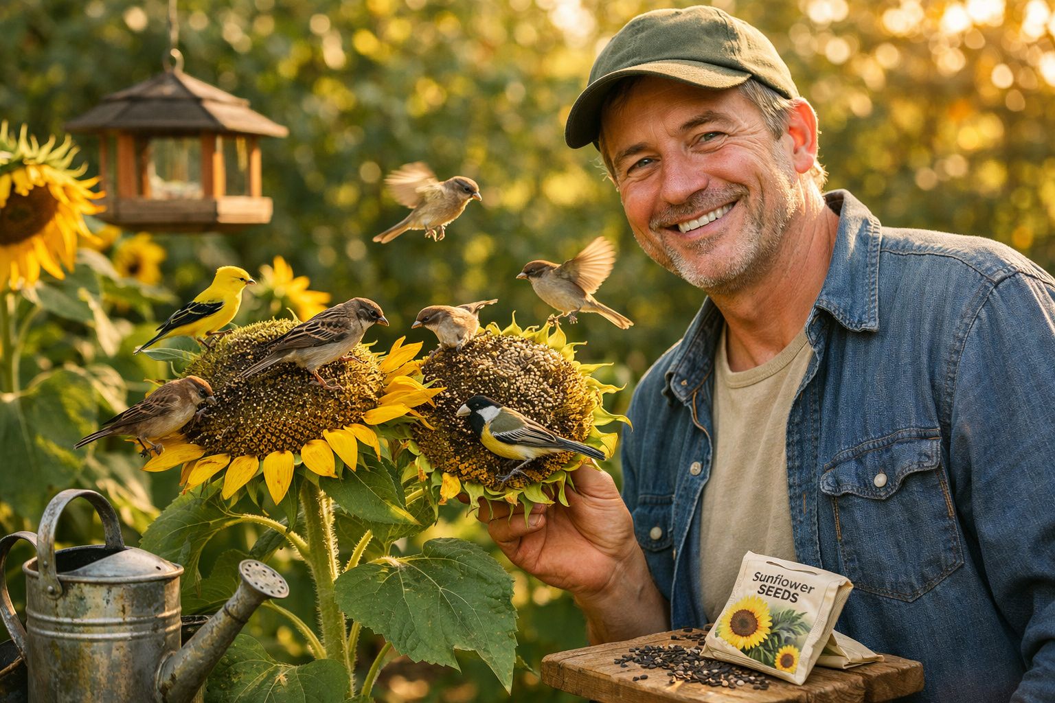 Homem sorridente alimenta pássaros em girassóis num jardim ao ar livre ao pôr do sol.