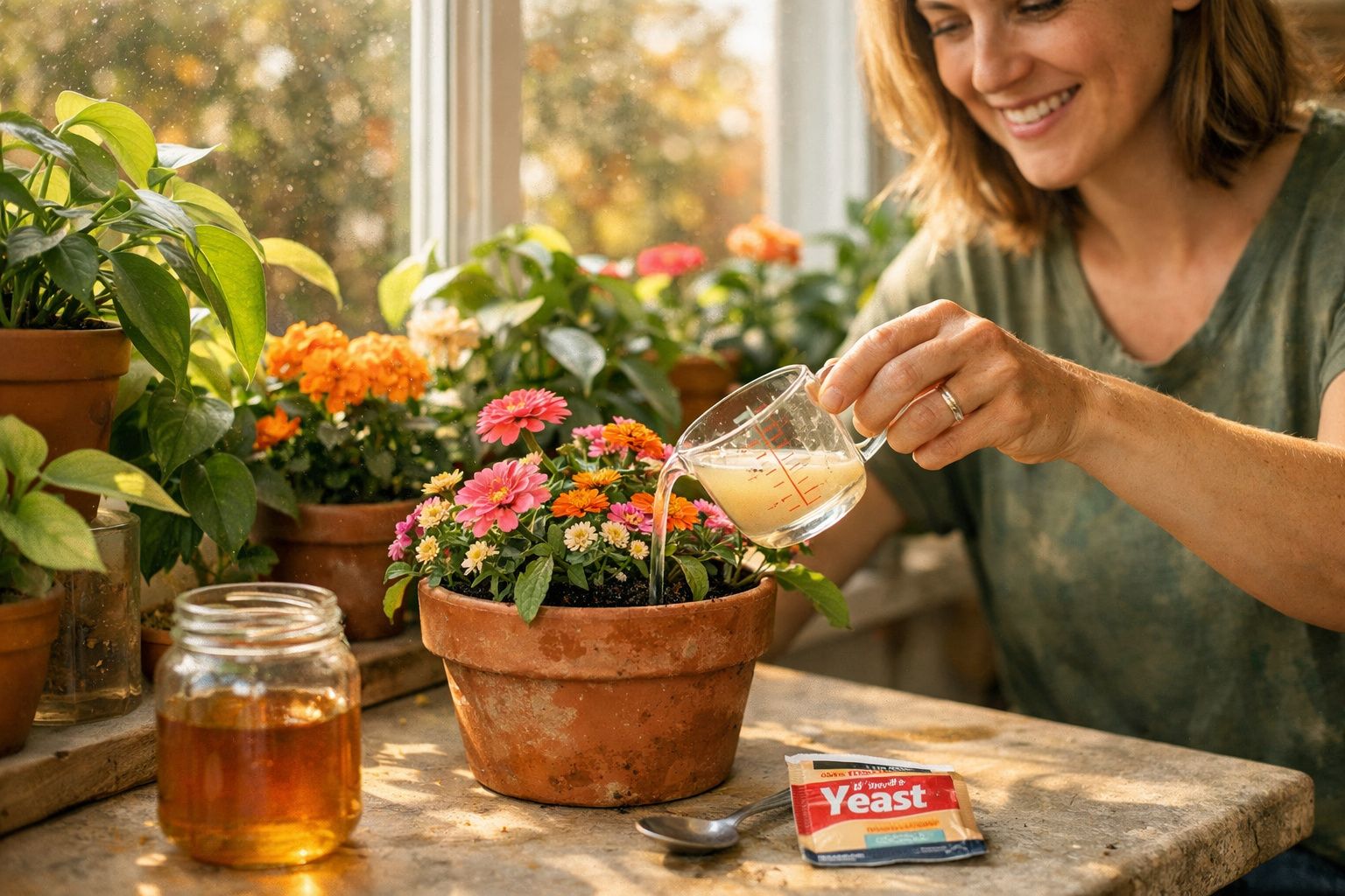 Mulher regando flores coloridas em vaso de barro em ambiente iluminado com janela ao fundo.