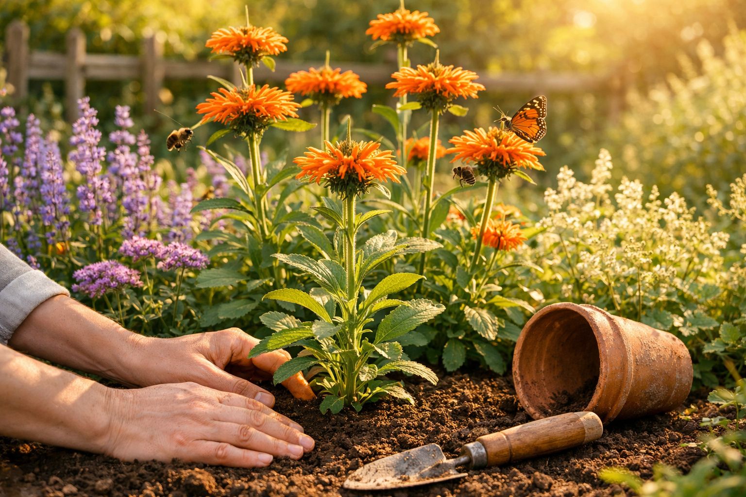 Mãos plantando flores laranja com abelhas e borboleta em jardim ensolarado, vaso e ferramenta ao lado.