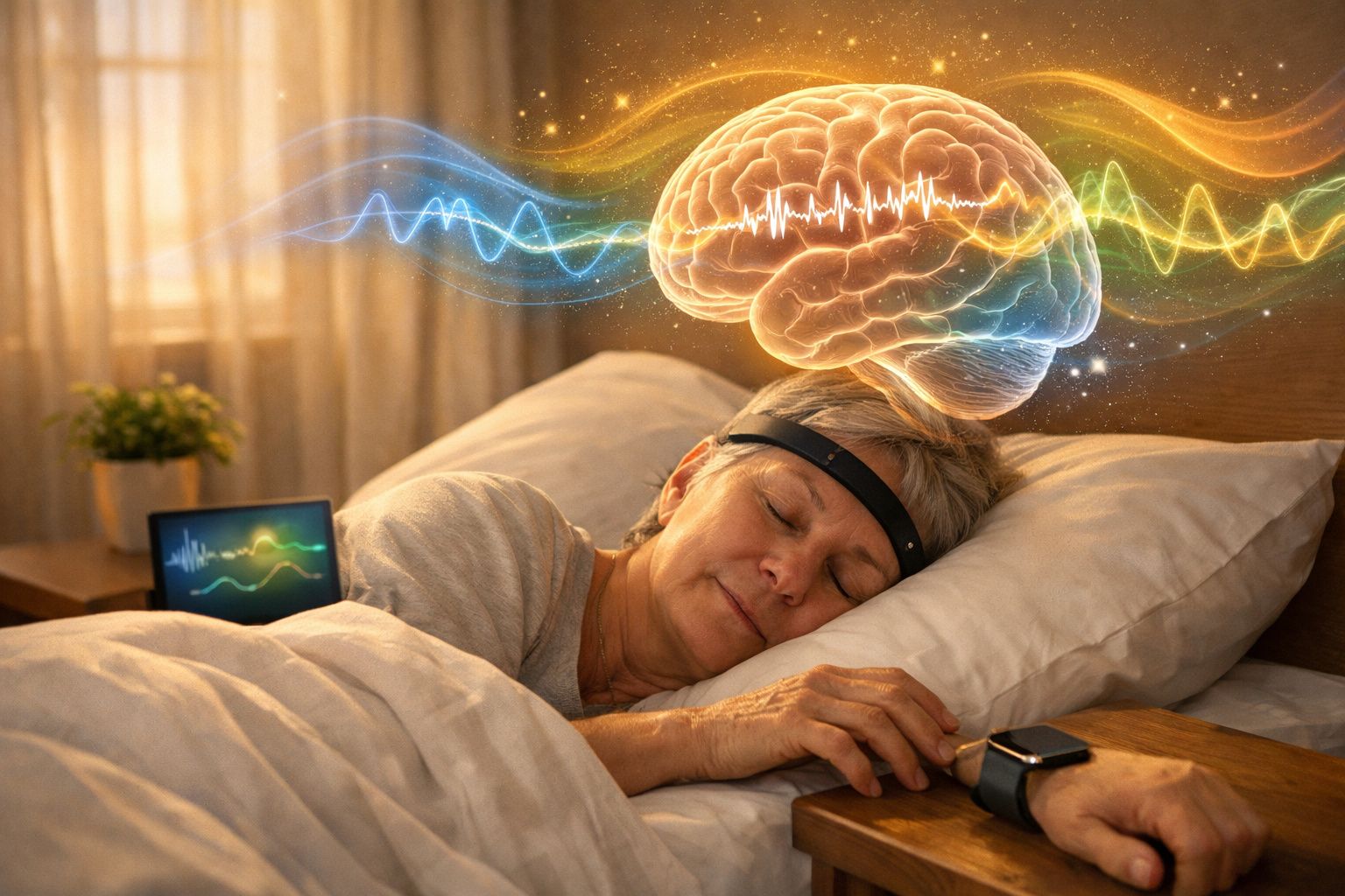 Mulher dormindo com sensor na cabeça e ilustração digital de cérebro e ondas cerebrais acima dela.