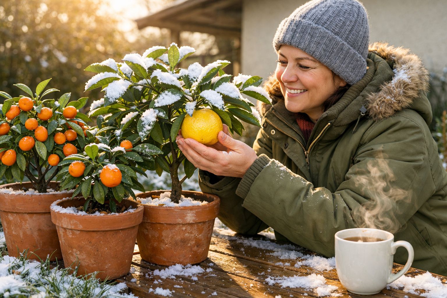 Mulher sorrindo segura fruta cítrica em vaso com folhas cobertas de neve, chá quente na mesa.