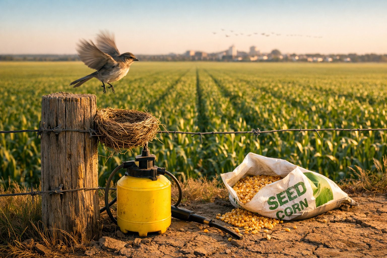 Pássaro pousando em cerca de arame com ninho, ao lado de pulverizador e saco de sementes de milho em plantação.
