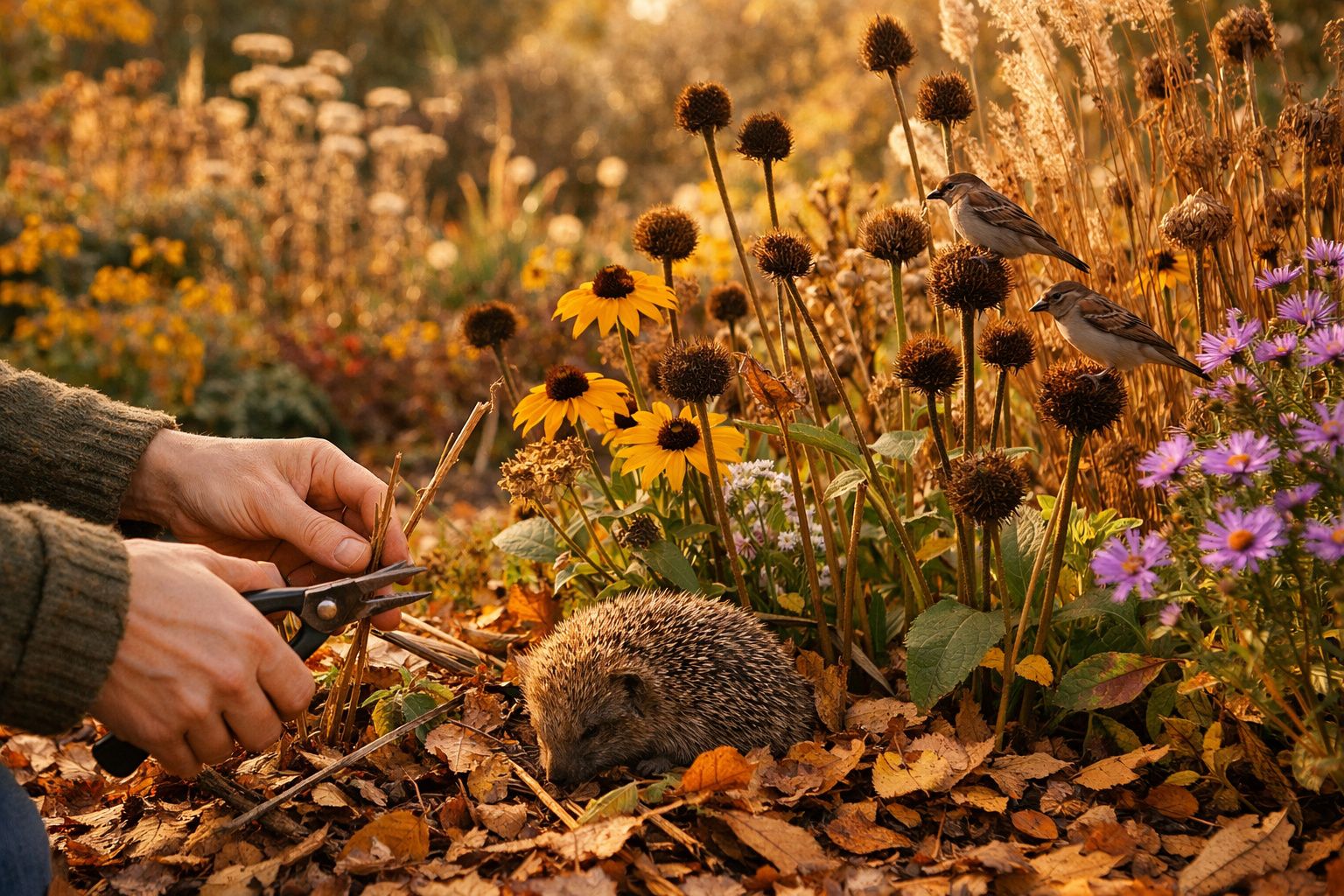 Mãos podam plantas secas em jardim com flores e um ouriço escondido entre folhas secas.