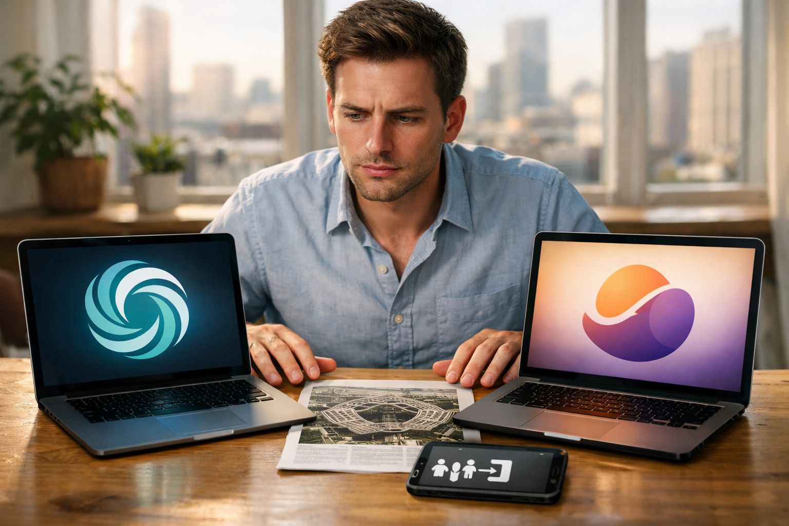 Homem analisando mapas e dois laptops com logos de plataformas de criptomoedas em mesa de madeira.