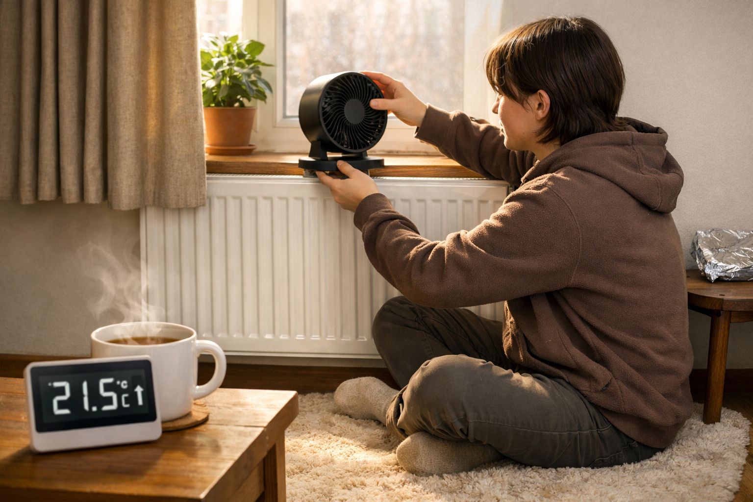 Pessoa ajusta ventilador em janela, com termômetro marcando 21,5°C e caneca de chá em mesa de centro.