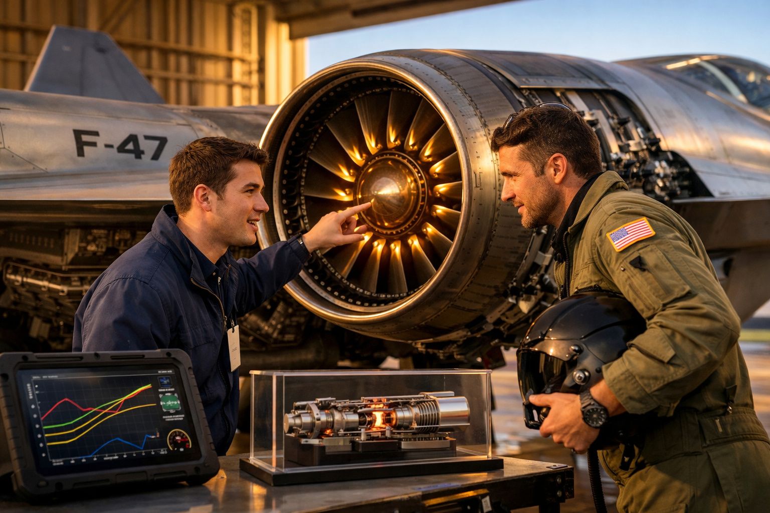 Dois homens conversam perto de turbina de avião com modelo de motor e tablet com gráficos em hangar.