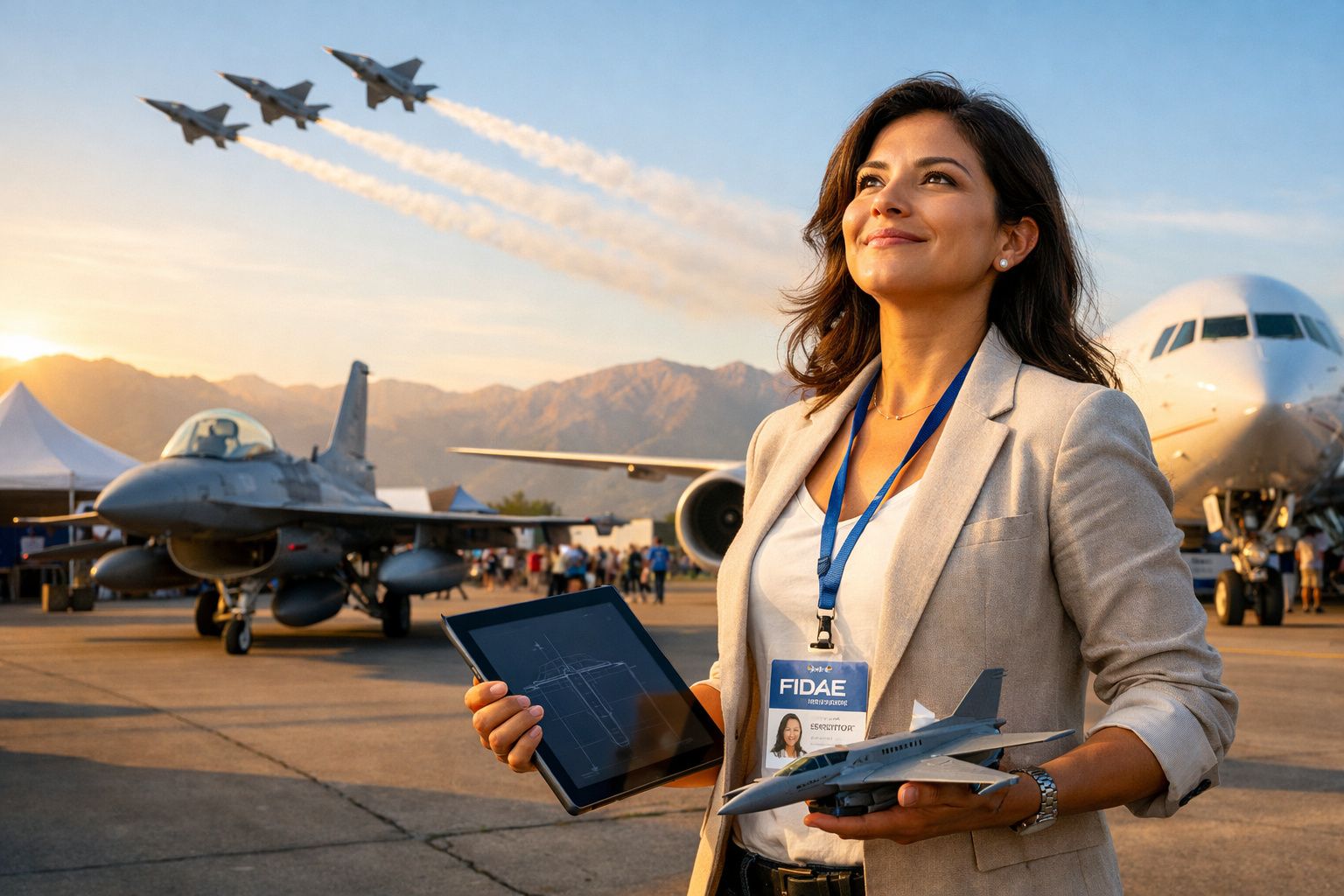 Mulher segura modelo de avião e tablet em exposição aérea com jatos voando ao fundo.