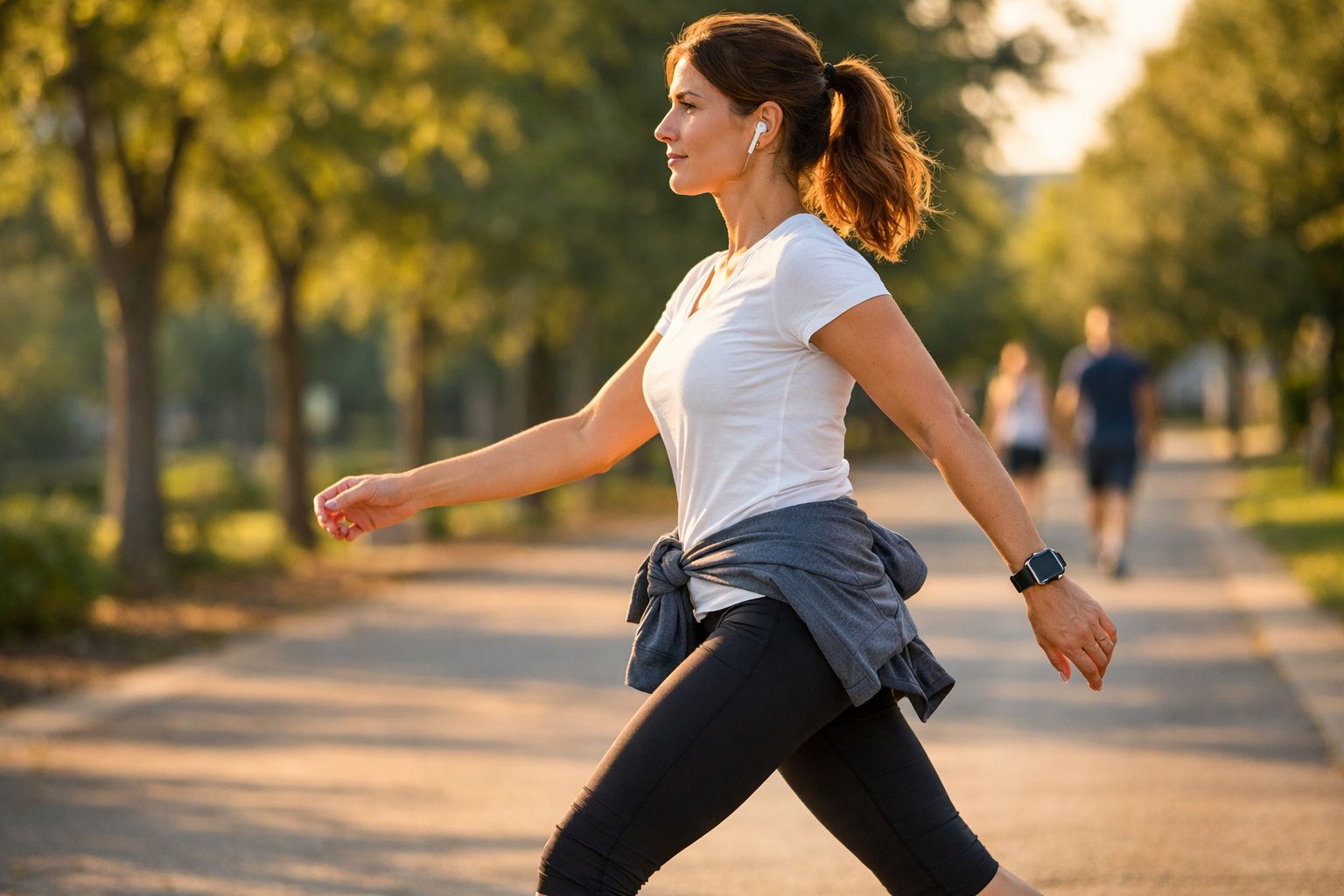 Mulher jovem fazendo alongamento ao ar livre em parque, vestindo roupa esportiva e fones de ouvido.