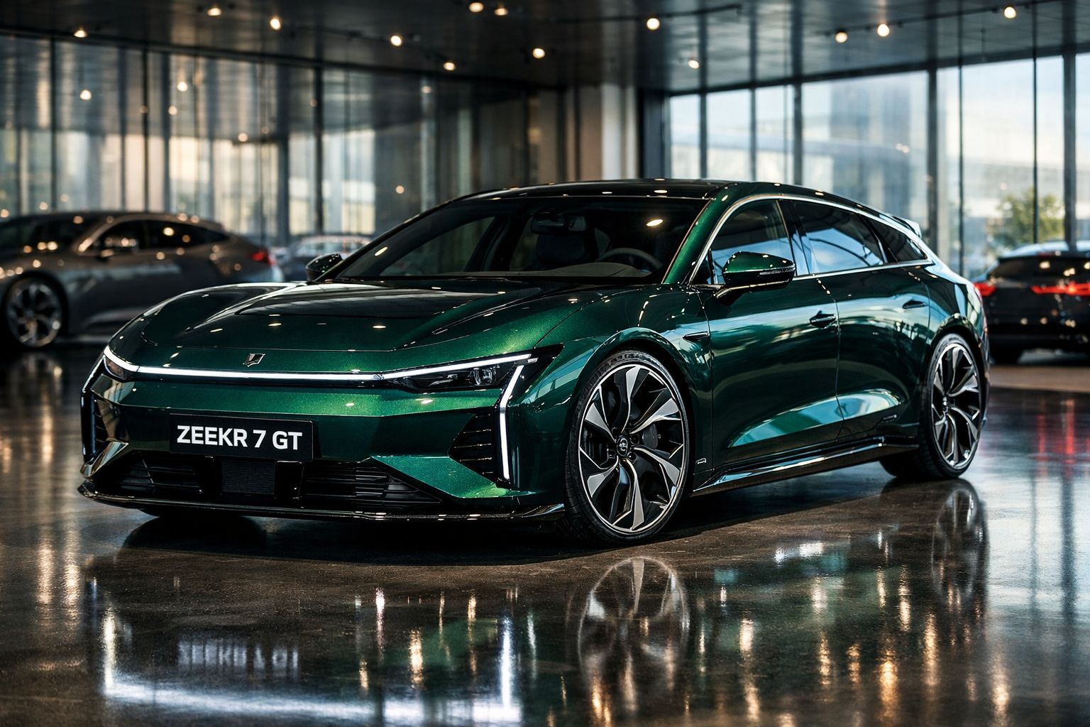Carro esportivo elétrico verde Zeekr 7 GT exibido em showroom moderno com piso brilhante e janelas amplas.