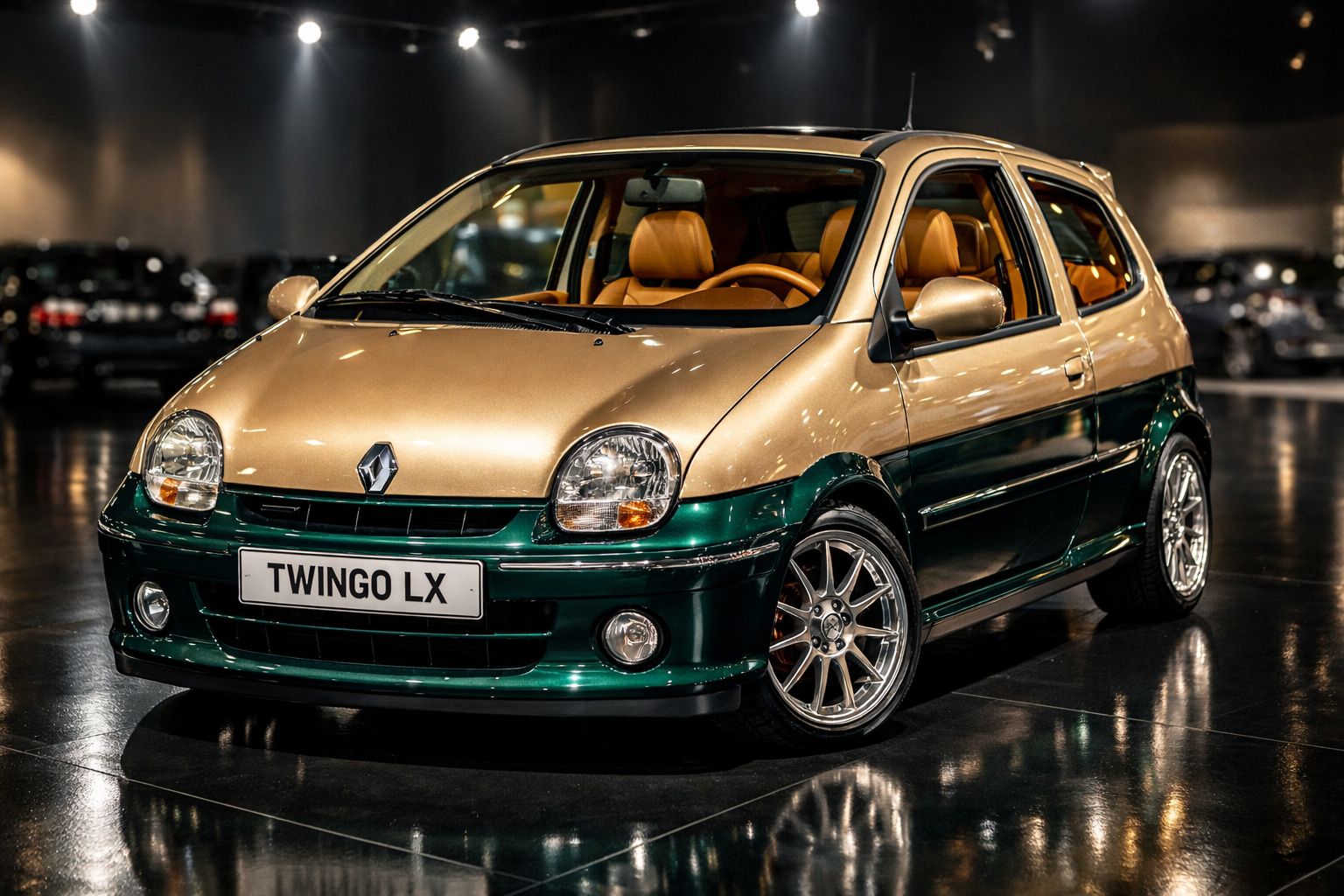 Carro Renault Twingo LX prata e verde em exposição com interior marrom em ambiente escuro.