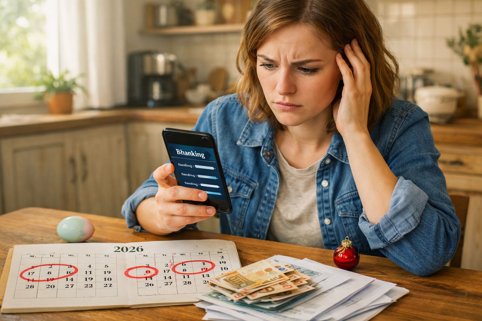 Mulher preocupada com finanças olhando saldo bancário no celular, com calendário e dinheiro na mesa.