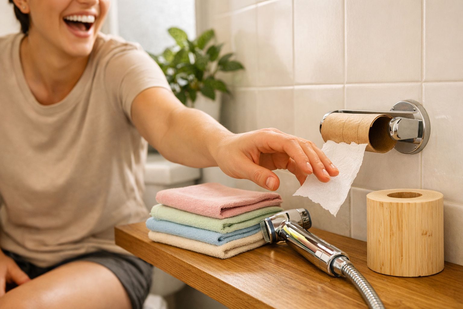 Pessoa tentando pegar papel higiênico em suporte vazio, com toalhas e ducha higiênica ao lado em banheiro.
